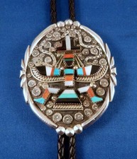 3" VTG ZUNI 925 Inlay Knifewing BOLO Tie SIGNED Gary Paulinus VACIT, cord tips