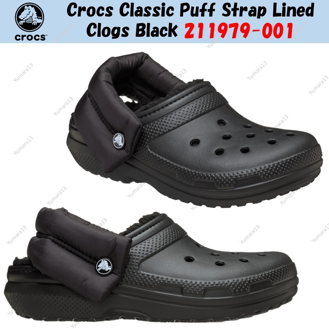 Zuecos forrados Crocs Classic Puff Strap negro 211979-001 tamaño unisex