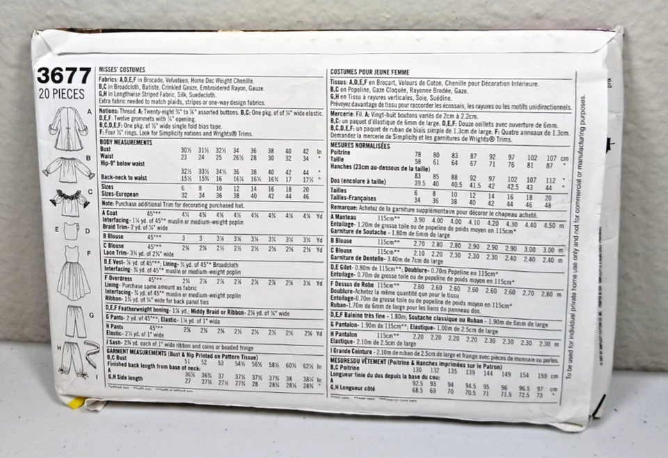 Simplicity Pattern 3677 Misses Pirate Wench Costume Sz 14 To 20 - Image 2 of 2