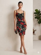 Women's SHEIN Black Red Floral Sweetheart Sheath Knee Length Sleeveless Dress L