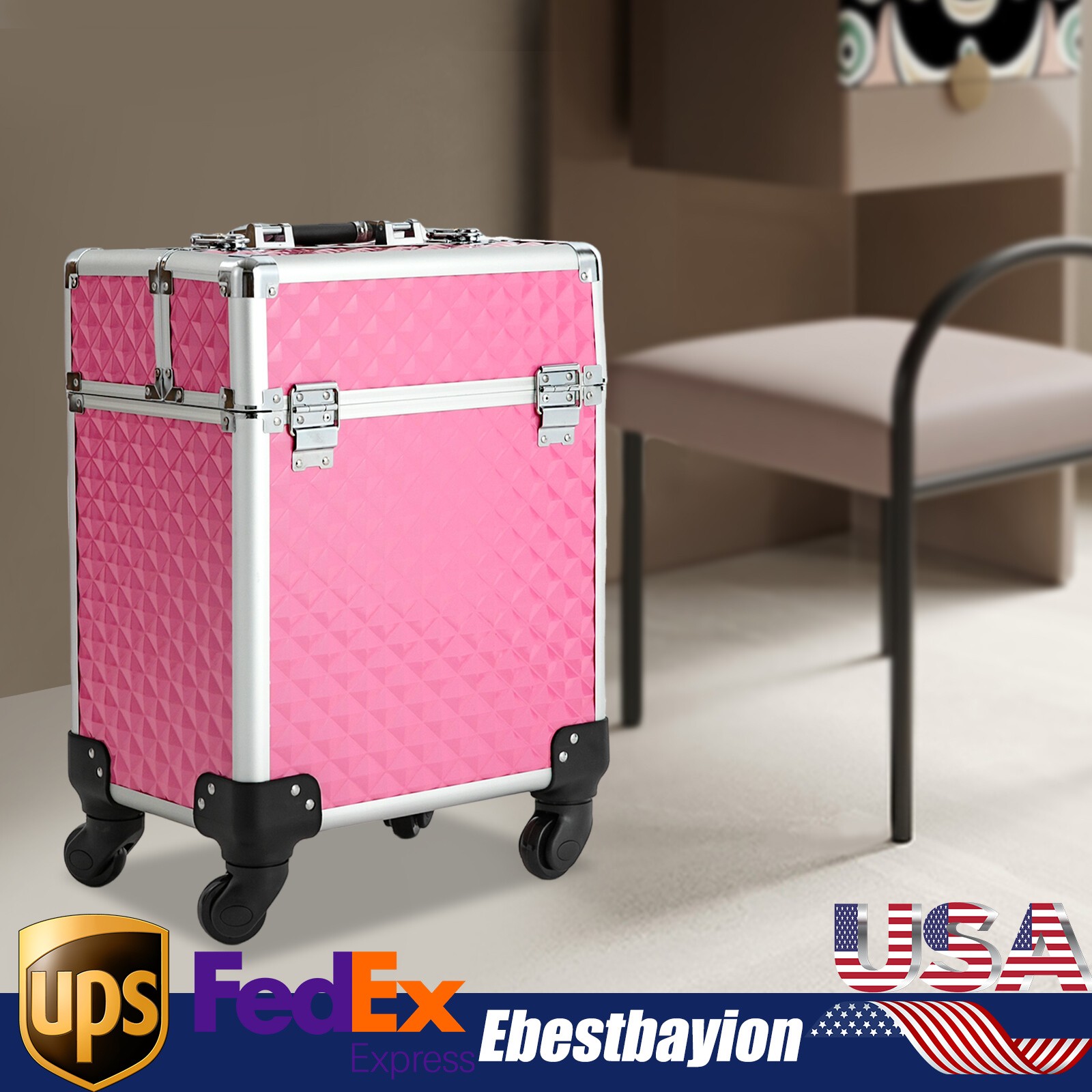 Rolling Cosmetology Case Aluminum Beauty Travel Professional Makeup Train Case