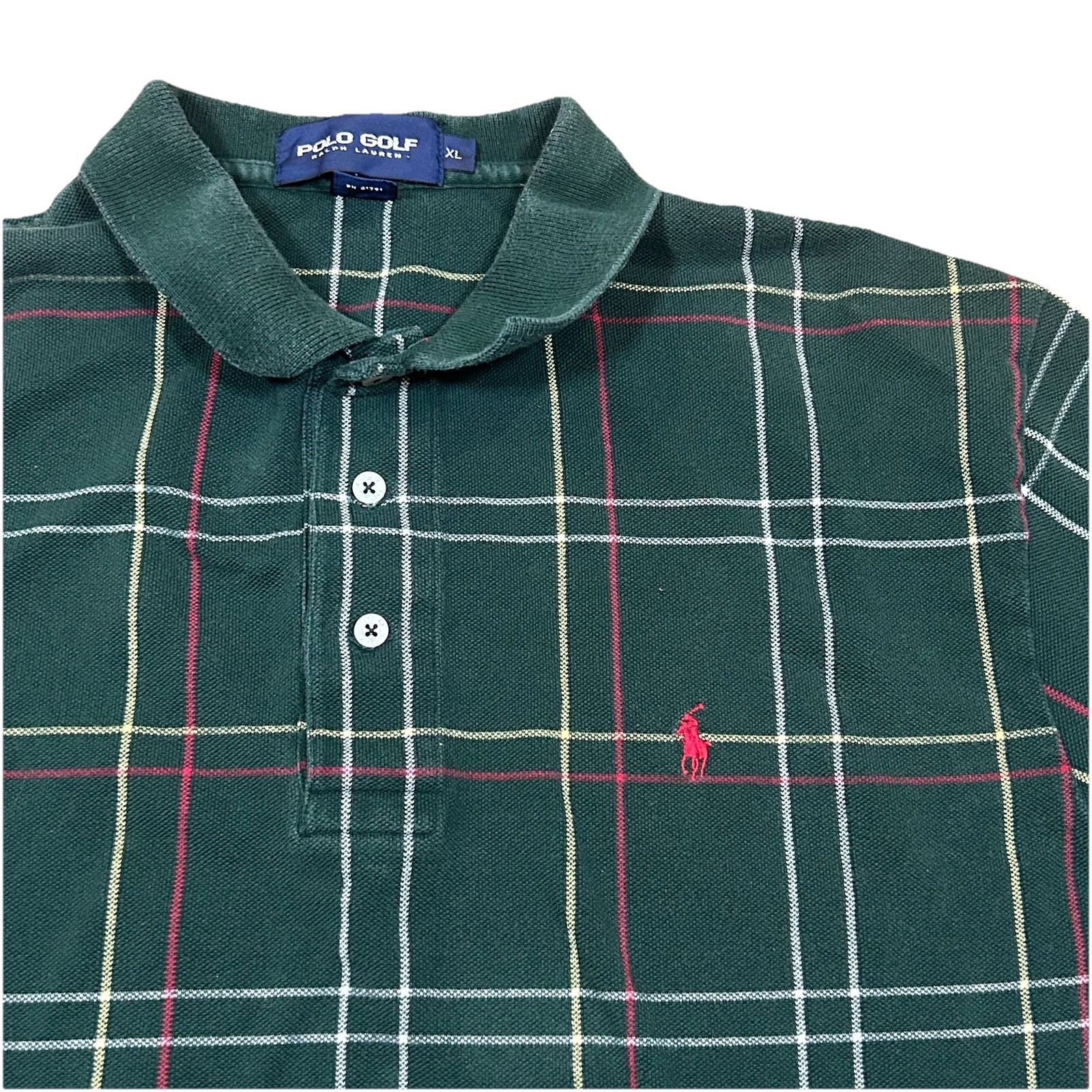 Vintage Polo Golf Ralph Lauren Rugby Shirt Mens Large Green Tartan Plaid 90s