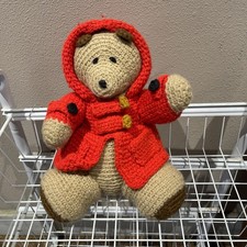 Vintage Hand Crocheted Paddington Bear Plush-Doll Blue Hooded Fixed Sweater- 13"