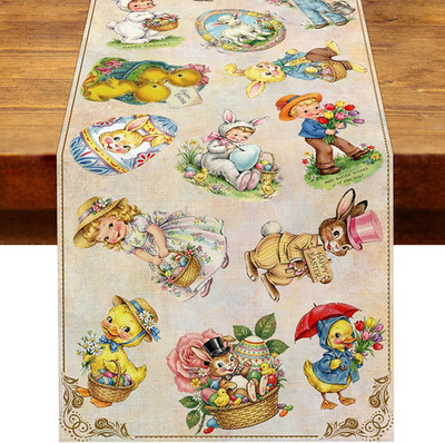Vintage Easter Table Runner Spring Retro Bunny Duck Children's Baby Shower Party