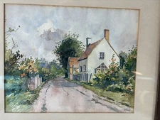 VTG Watercolor Country Cottage England France Landscape Signed Framed Matted