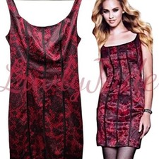 Guess Black Red Print Mini Bodycon Dress Zip Back Sleeveless Size 4 Sexy*