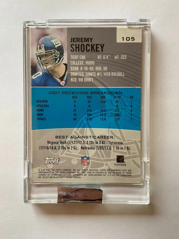 2002 BOWMAN'S BEST JEREMY SHOCKEY GAME USED JERSEY TOPPS UNCIRCULATED SEALED - Image 2 of 3