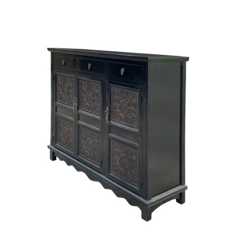 Asian Black Flower Motif Carving Side Table Credenza Storage Cabinet cs7503 - Picture 2 of 6
