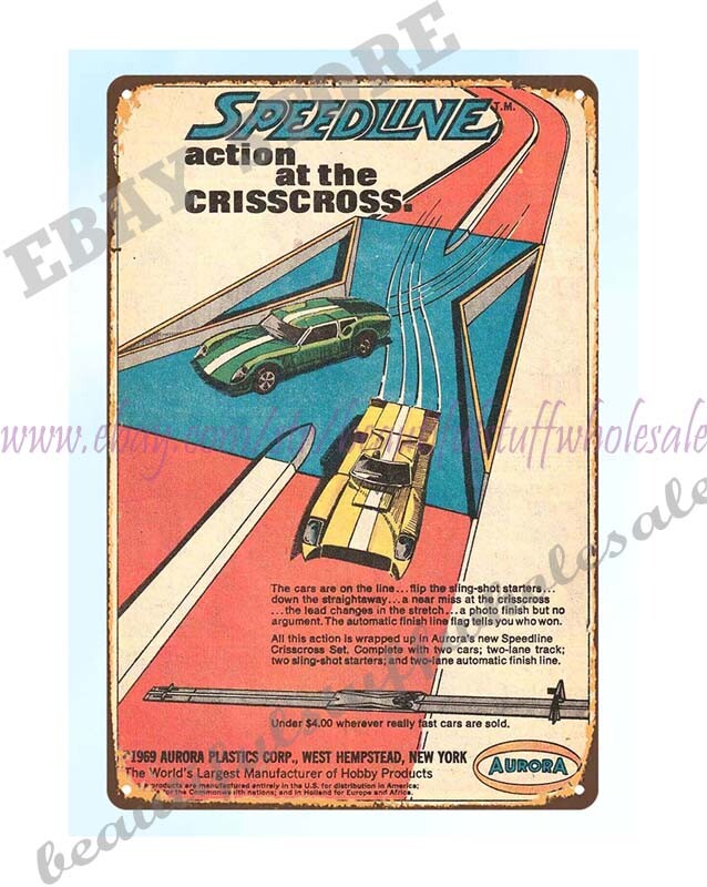1969 toy Speedline Crisscross Race Car Track comic ad metal tin sign retrotoy