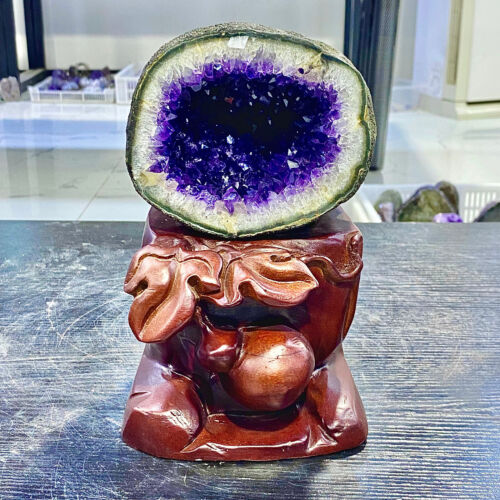 6.09LB Uruguay Natural Amethyst Money Bag Cave Decoration+Bracket - Picture 7 of 15