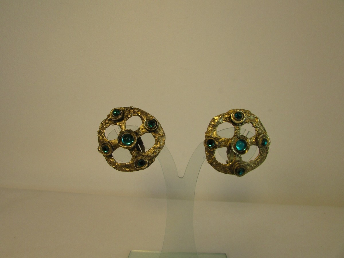 Boucles D'oreilles Henry Périchon - Métal Doré Avec Cabochon Porcelaine Bleue, Fermoir Clip, Occasion