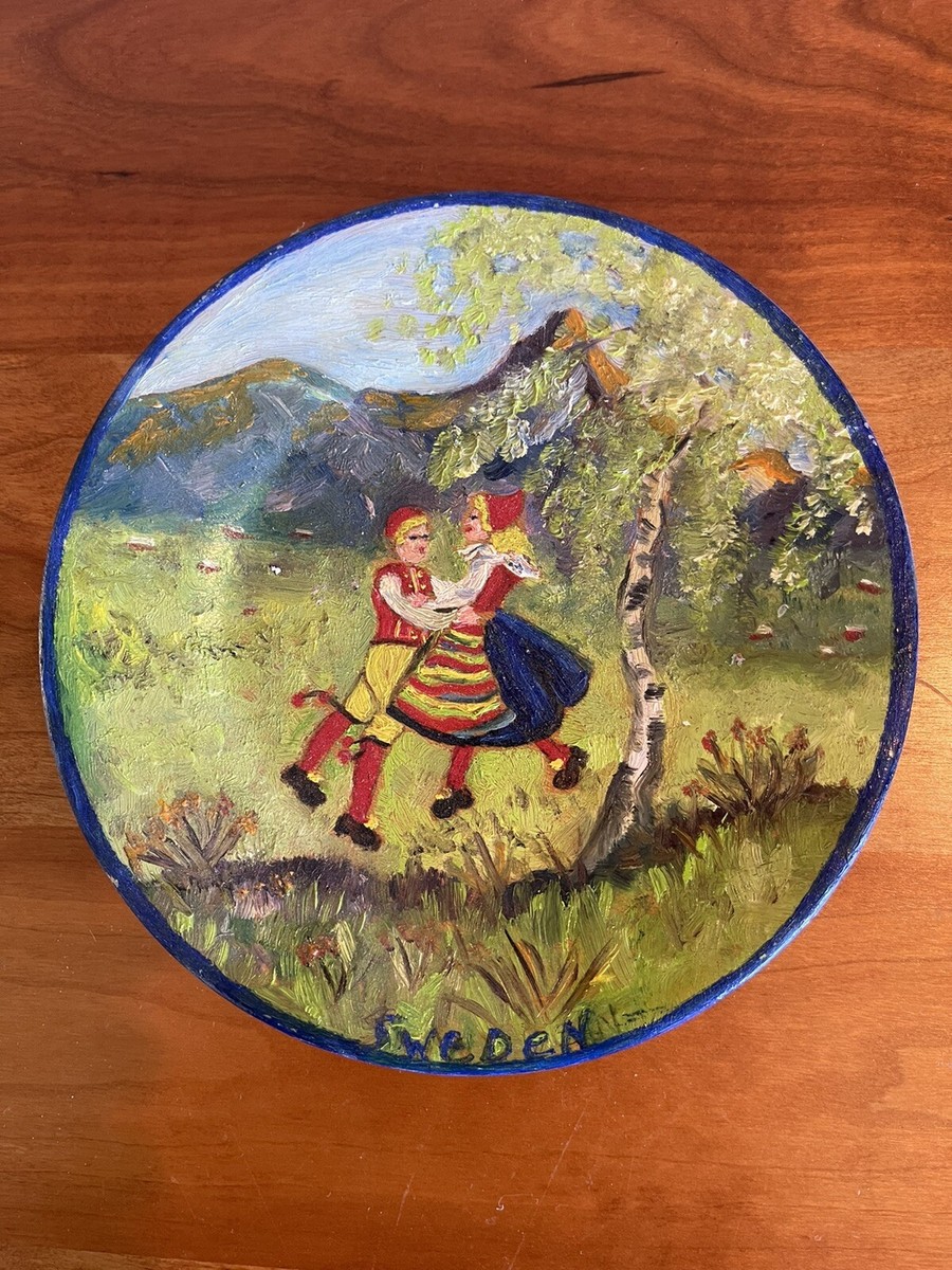 Antique Swedish hand painted decorative wooden plate, folk artwork