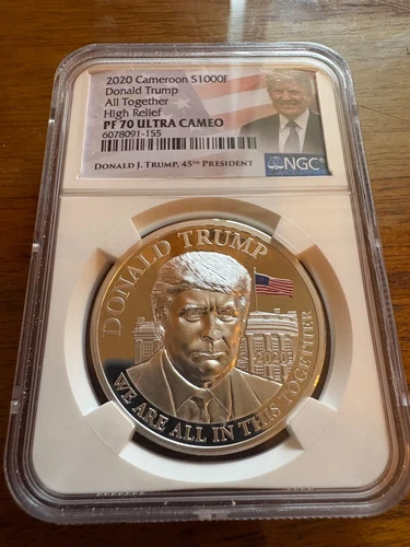 2020 Cameroon S1000F 1oz Silver Donald Trump High Relief NGC PF70 Ultra Cameo