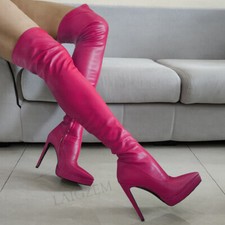Women Over Knee Boots Pointed Toe Stiletto High Heels Faux Leather Thigh High