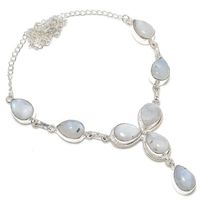 Collier En Argent 925 Avec Pierre De Lune Arc-en-ciel - Fait Main, Longueur 18 Pouces, Réglable - Neuf Sans Emballage