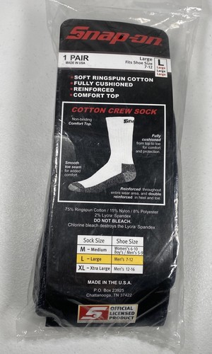 Snap On Black Cotton Mens Crew Socks Size Large Made in USA - Picture 4 of 6