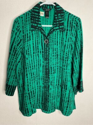 Ali Miles 3/4 Sleeve Button Up Artsy Blouse Women Size M Green Striped Rayon
