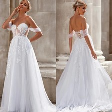 Elegant A-line Off shoulder Wedding Dresses Lace Applique Tulle Bridal Gowns