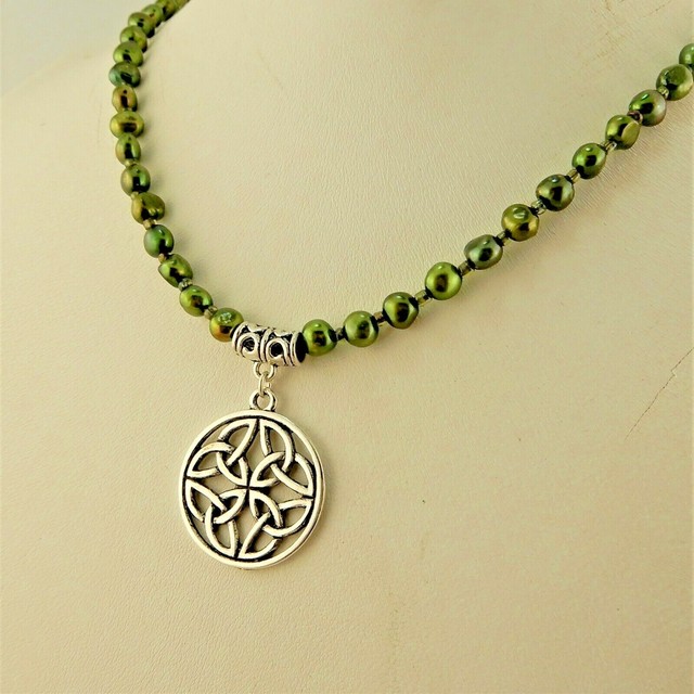 Celtic Knot necklace w/ Green Freshwater Pearls, Irish eBay