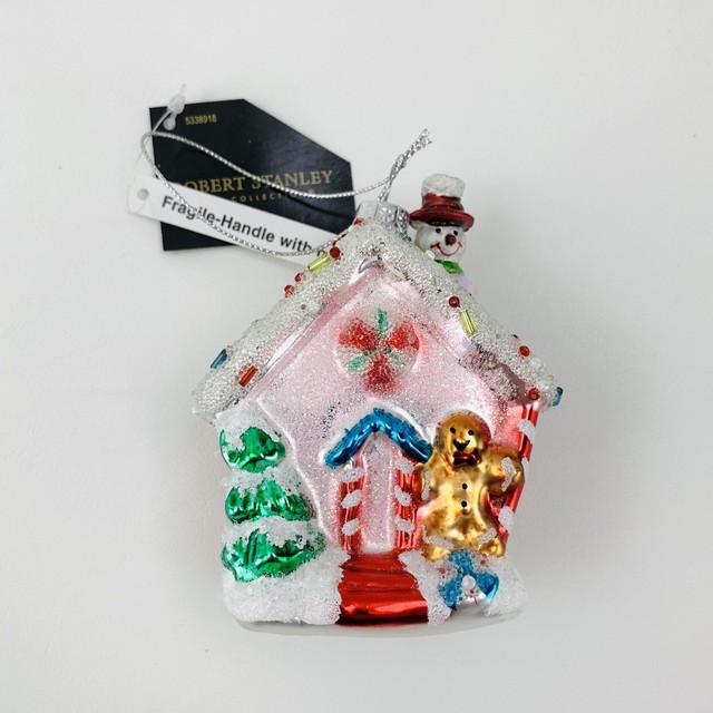 Robert Stanley Christmas Ornament Glass Gingerbread House 4” Frosty NWT