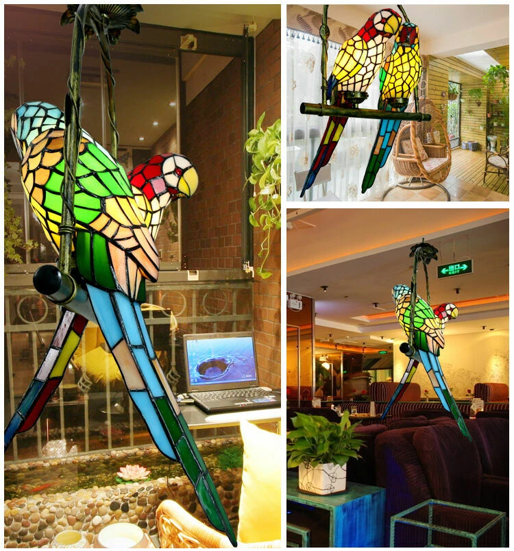 Tiffany Stained Glass 2 Parrots Chandeliers Home Lighting Pendant Ceiling Lamps - Image 2 of 4