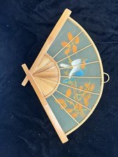 Vintage Oriental Fabric  Bamboo Hand Painted Fans with Birds Wall Art Decor