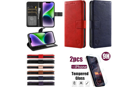 iPhone 15 Pro Max,14,13,12 Leder Wallet Case +2 Hartglas Displayschutzfolie