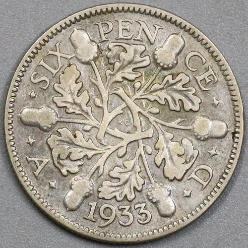 1933 George V 6 Pence Britain Silver Oak Leaf Acorn Coin (24052601R)