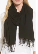 Nordstrom Tissue Weight Wool & Cashmere Fringe Scarf. Black.  28" x 74".