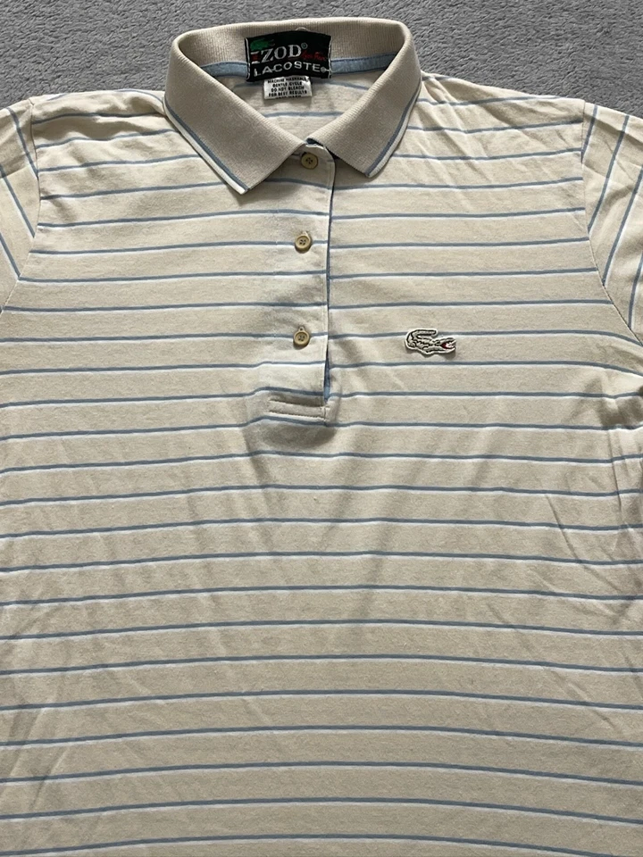 Lacoste Polo Shirt Boys Size Medium Beige Stripe Short Sleeve Golf Cotton Youth - Image 2 of 4