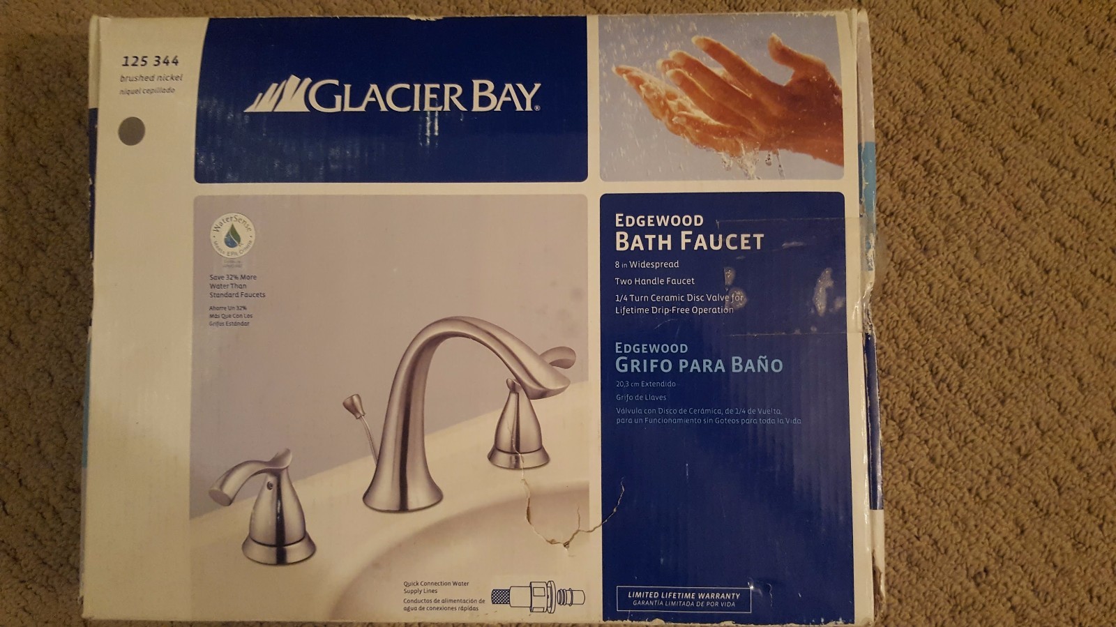 Glacier Bay Edgewood 8 Widespread 2-Handle High Arc Bath Fauc Damaged box Glacier Bay Edgewood 8 Widespread 2-Handle High Arc Bath Fauc Damaged box