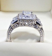 Jared Princess Cut Diamond 3 Stone Halo 14k White Gold Engagement Ring Size 6.5