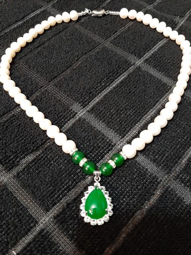Fresh Water Pearls & Jade 925 Sterling Silver Necklace Hand Strung Pearl Jewelry - Picture 3 of 6