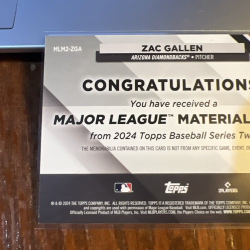 Zac Gallen 2024 Topps Series 2 Major League Materials Black #MLM2-ZGA /199 - Picture 7 of 7
