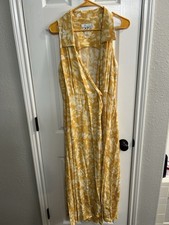 EXPO vintage yellow white floral long wrap collared sleeveless dress size 8