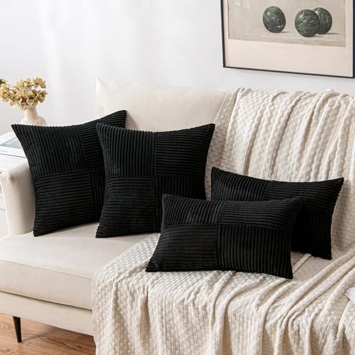 Corduroy Pillow Covers Pack of 2 Boho Decorative 20" x 20" (Pack of 2) Black - Picture 4 of 6