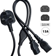 2.5m Power Plug to 2 x IEC Dual Kettle Lead PC, Monitor TV, Mixer Splitter Cable