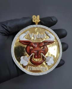 Authentic 3Ct Round Cut Real Moissanite Men's Bull Head Pendant 14K Yellow Gold Plated