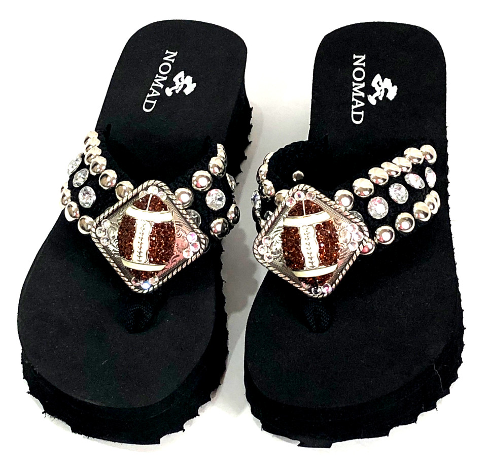 Nomad Football Sandals Flip Flop Thong Black Rhinestone Studs - Women Size 6
