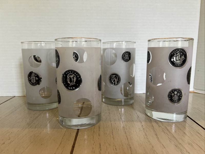 Vintage 1960's MCM Libbey Old Coins of the World Highball Glasses Set of 4