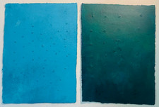 2 X Lucio Fontana Original Paintings on Pape Blue Green Concept Minimalist X74