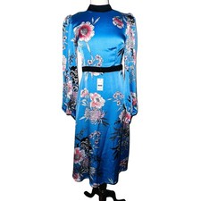 WB6 Liquorish Blue Floral Print Long Sleeve Midi Dress Party Cocktail New