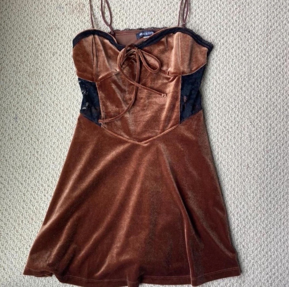 urban outfitters brown lace dress Urban Outfitters Velvet Lace Mini Dress Brown Black Strappy Sleeveless M
