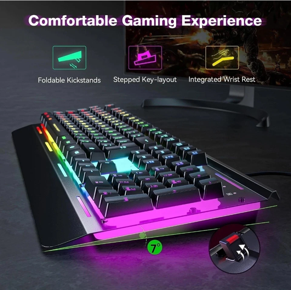TECKNET TK-KB002 Gaming Keyboard USB Wired 15 Zone RBG All Metal Panel Open Box  - Image 2 of 4