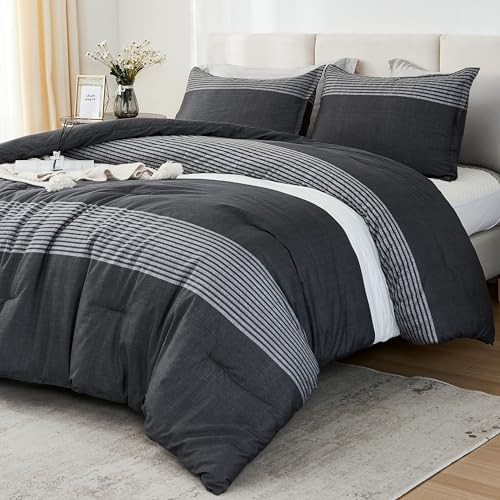 Comforter Set White Grey - 3 Pieces Lightweight Summer Bedding Queen Black - Picture 3 of 8