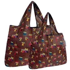 Reusable Owl Tote Bags Set of 2 Large and Small Foldable Eco Friendly Nylon