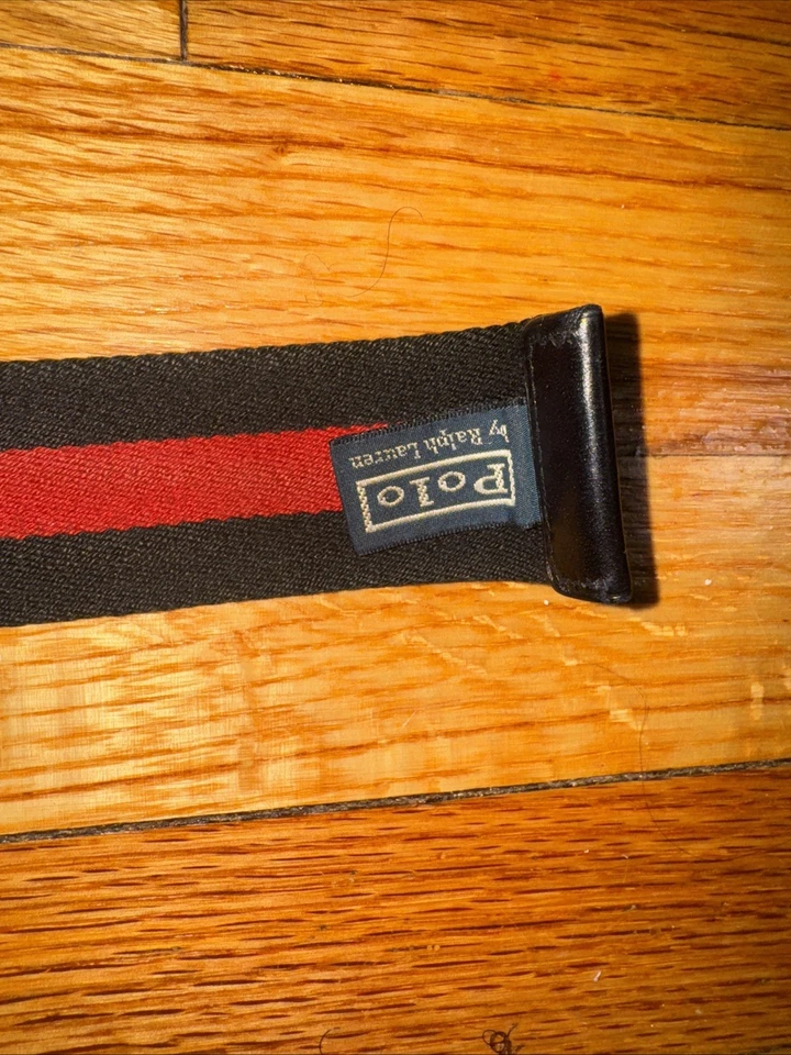Cinto masculino Ralph Lauren polo retangular anel 49 polegadas preto listra vermelha ponta de couro - Imagem 3 de 4