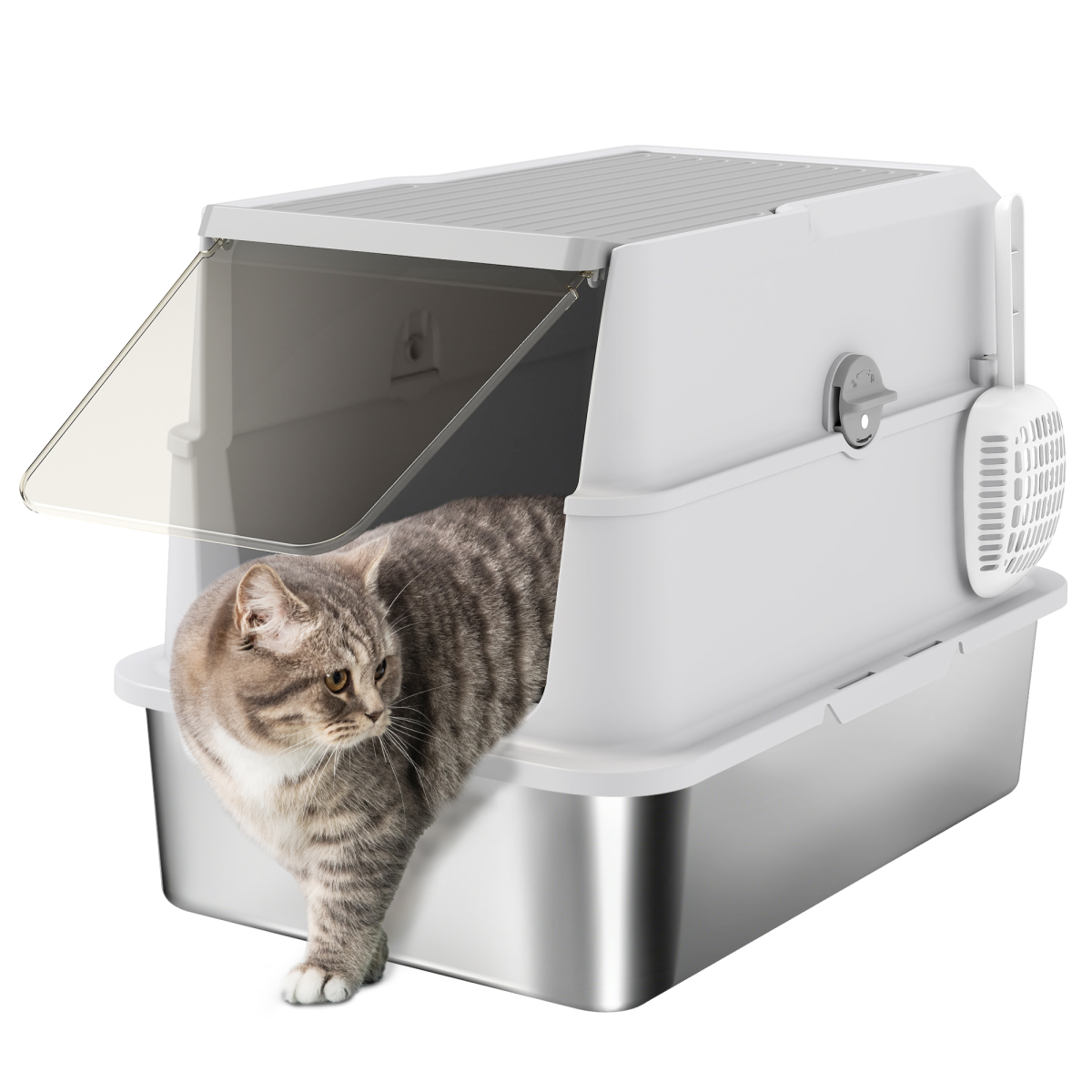 PawHut Extra Large Stainless Steel Cat Litter Tray with Scoop| Flip Top