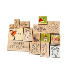 Assorted Wood Rubber Stamps Christmas Lot of 13 Santa Snowman Stocking