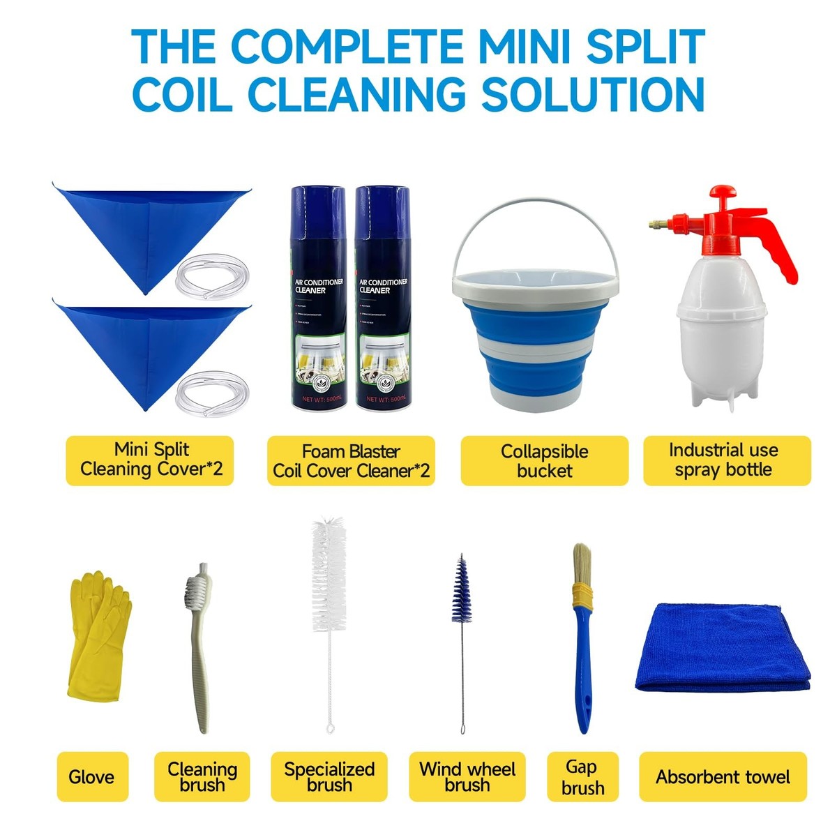 Mini Split AC Cleaning Kit - Includes 2 Cleaner Bottles, 2 Waterproof Bags, 4 Brushes & Spray Bottle - Complete Air Conditioner Maintenance Set